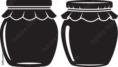 Black Silhouette of Two Glass Jars for Jam or Honey with Decorative Fabric Covers Representing Homemade Preserves and Pantry Storage