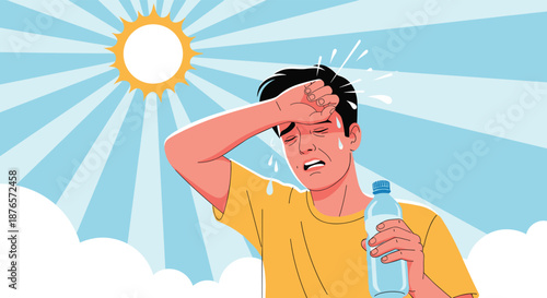Man in a yellow shirt wipes sweat from his forehead while holding a water bottle under a scorching hot sun.