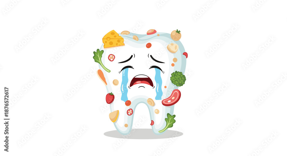 Fototapeta premium Sad cartoon tooth character cries as many different types of food particles are stuck all over its white surface.