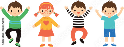 Cute cartoon children jumping with joy and raising their hands, expressing happiness and excitement in a playful vector illustration