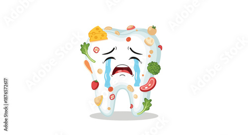 Sad cartoon tooth character cries as many different types of food particles are stuck all over its white surface.