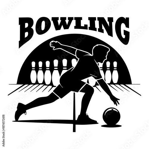 Bowling Player Silhouette Logo Design Vector Illustration with Pins and Ball Sports Emblem Isolated on White Background
