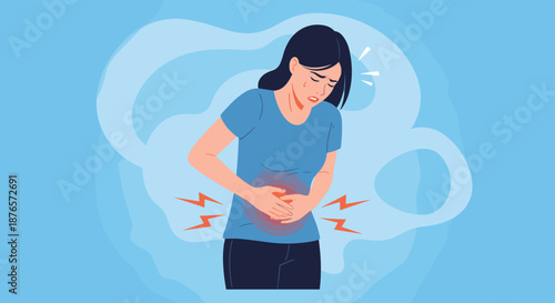 Young woman suffering from severe abdominal pain and stomach cramps while standing against a blue abstract background.