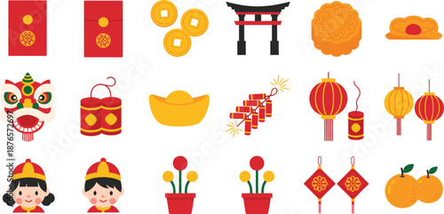 Colorful collection of Chinese New Year elements including lanterns, firecrackers, red envelopes, gold ingots, ornaments, and festive symbols in vector style