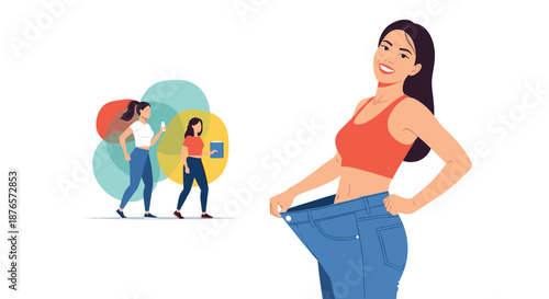 Happy young woman celebrating successful weight loss by wearing oversized jeans while other people walk in background.