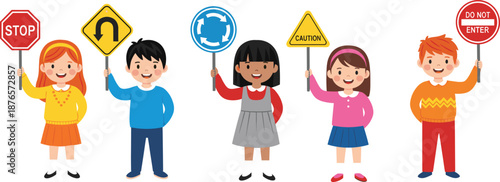 Cartoon children holding various traffic signs to promote road safety, caution awareness, and educational learning in a colorful vector illustration