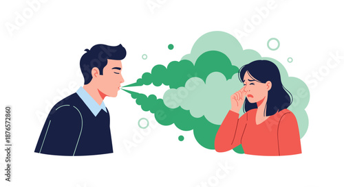 Man with bad breath or halitosis blowing green gas towards a woman who covers her nose in disgust and discomfort.
