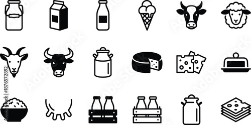 Dairy Product and Farming Icons - Milk, Cheese, Yogurt, and Livestock Symbols for Organic Branding