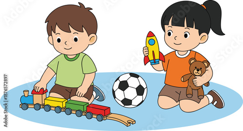 Cute cartoon children playing with toys including a train, rocket, teddy bear, and soccer ball in a colorful vector illustration