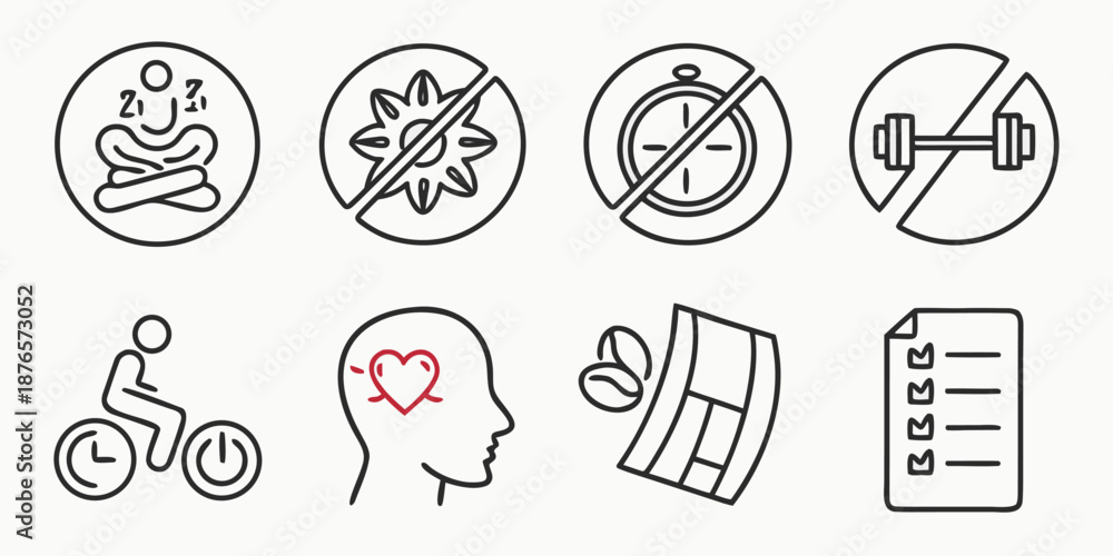 Fototapeta premium Lifestyle icons represent a balanced approach to daily routines, showing concepts such as rest, avoiding stress, managing time, moderate activity, passion, and task planning.