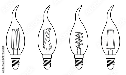 Set of four flame-shaped vintage filament light bulbs in black outline, each with a different filament design, isolated on a white background.