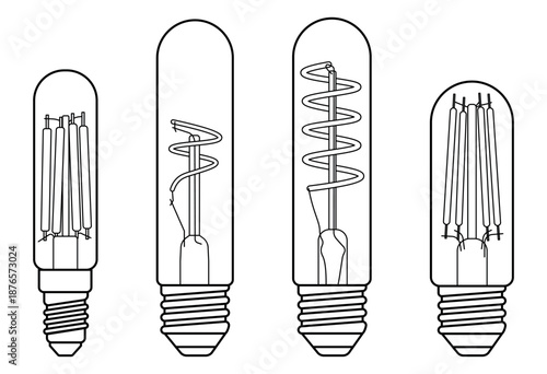 Set of four narrow vintage filament light bulbs in black outline, featuring different internal filament designs, isolated on a white background.