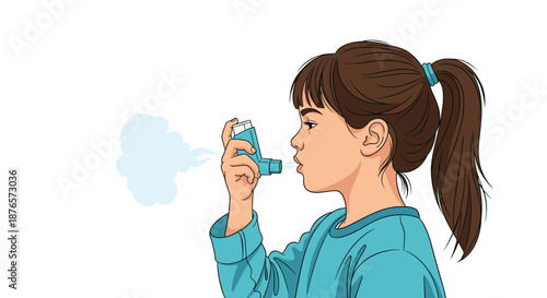 Young girl with ponytail using a blue asthma inhaler to treat breathing difficulties or respiratory issues.