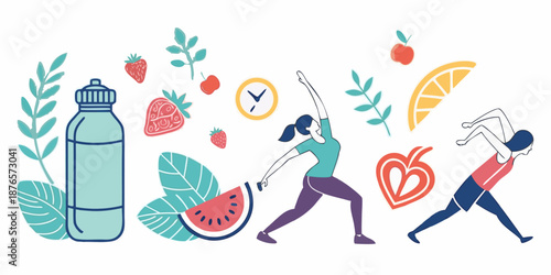 Two women engage in fitness activities surrounded by fresh fruits and a water bottle, symbolizing a healthy and active lifestyle.