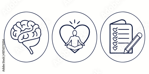 Collection of three circular line icons depicting a human brain, a meditating figure within a heart, and a checklist with a pencil, symbolizing mental health, mindfulness, and personal well-being.