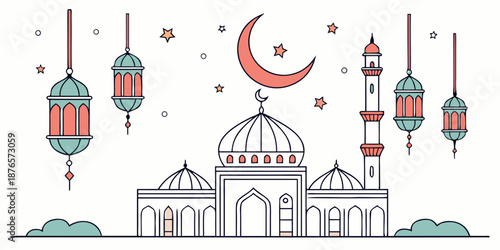 Vibrant illustration showcases a beautiful mosque with multiple domes and minarets, illuminated by a coral crescent moon, stars, and hanging lanterns in teal and pink hues, perfect for festive events.