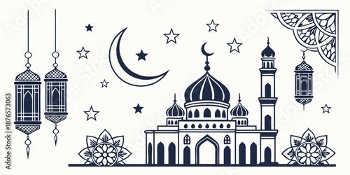 Stylized illustration depicts a grand mosque with multiple minarets and domes, surrounded by crescent moon, stars, hanging lanterns, and intricate mandala decorations, embodying Islamic celebration.