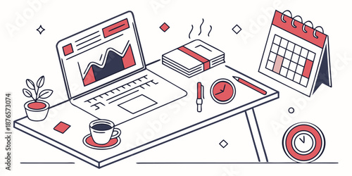 Modern isometric desk setup features a laptop showing a graph, a calendar, stacked books, a coffee cup, and a small plant, symbolizing a busy and productive workspace.