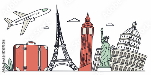 Iconic global travel landmarks are depicted in a flat design skyline, featuring an airplane flying above a suitcase, symbolizing international tourism and adventure.