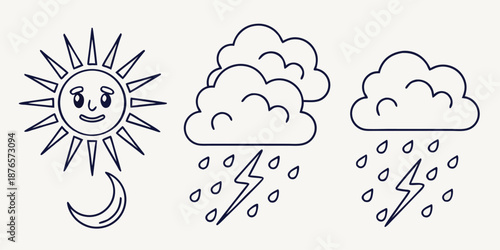 A collection of stylized weather forecast icons displays a cheerful sun with a crescent moon, stormy clouds with lightning and rain, suitable for digital applications.