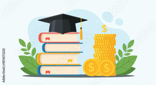 Academic graduation cap on a stack of books next to a pile of gold coins representing education cost and savings.