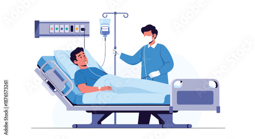 Male patient lying in hospital bed receiving IV fluids while being attended by a medical worker in scrubs.