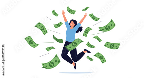 Joyful young woman jumping in the air while dollar banknotes fly all around her representing wealth and success.
