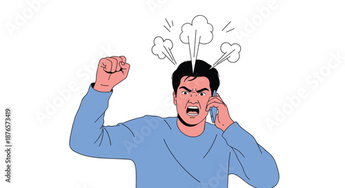 Furious man shouting into a mobile phone with steam coming out of his head showing extreme anger and stress.