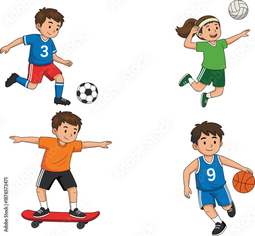 Active cartoon children playing various sports including soccer, volleyball, basketball, and skateboarding in a fun dynamic vector illustration
