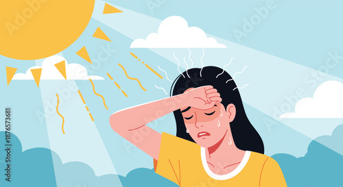 Young woman suffering from heatstroke and high temperature under a burning hot sun and blue sky with clouds.