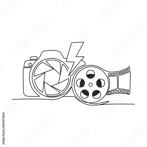 Camera lens aperture, film reel, and lightning bolt icon, continuous line art