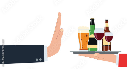 Person in a suit making a stop gesture with their hand to refuse a tray of various alcoholic beverages and drinks.