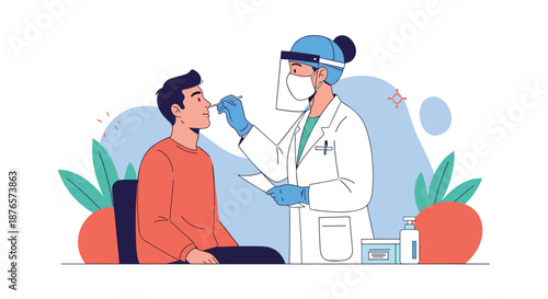 Medical worker in full protective gear performing a nasal swab test on a man for COVID-19 diagnostic.