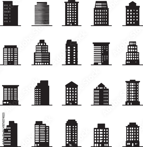 Business buildings, linear style icons set. Multistory building with windows. Company, business center. Editable stroke width