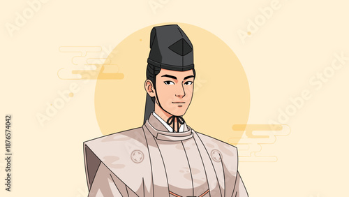 Young Japanese nobleman of the 17th-18th centuries in traditional layered kimono and eboshi hat for cultural heritage, education, and art