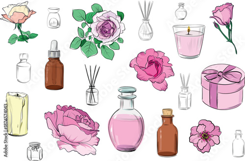Large romantic rose set with candles perfumes and essential oil bottles