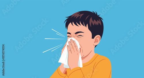 Young boy sneezing into a white tissue representing a cold, flu, allergy, or respiratory infection symptoms.