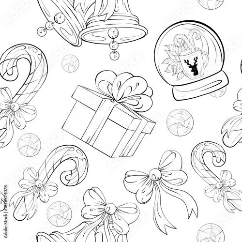 Arrangement of Christmas Gifts and Decorations in Seamless Pattern Festive Style for Joyful Background and Decorative Border in Holiday Spirit