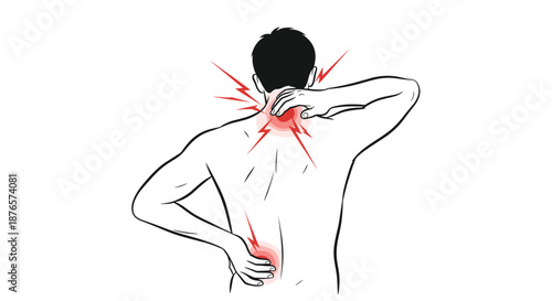 Shirtless man from behind showing red pain spots on his neck and lower back indicating muscle strain or injury.