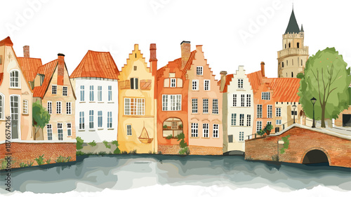 Bruges Old Town. Bruges Old Town watercolor vector illustration