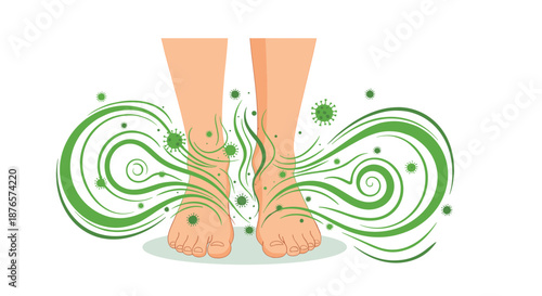 Pair of bare feet emitting a strong unpleasant odor represented by green swirls and bacteria icons in a flat vector style.