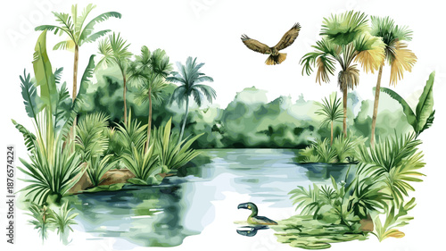 Cuyabeno Wildlife Reserve. Cuyabeno Wildlife Reserve hand drawn watercolor illustration