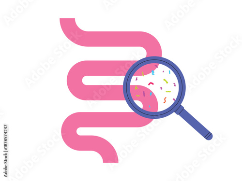 Magnifying glass focused on intestinal bacteria and viruses inside the Internal organ