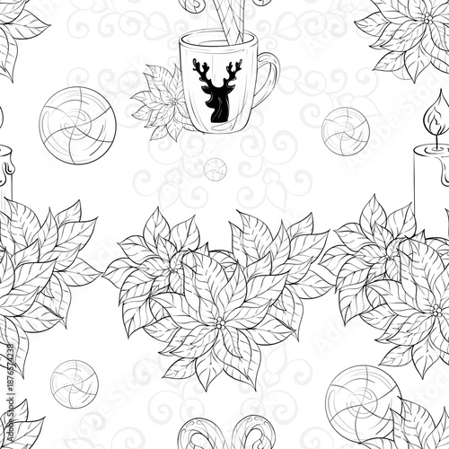 Arrangement of Seamless Pattern Featuring a Mug Deer Leaves Balls and Candle in a Cozy Winter Theme for Decorations and Crafts
