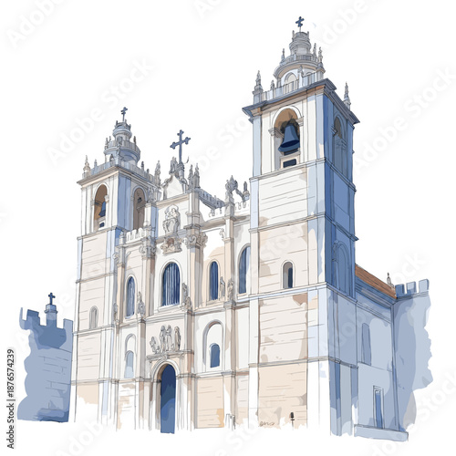 Jeronimos Monastery. Jeronimos Monastery watercolor vector illustration