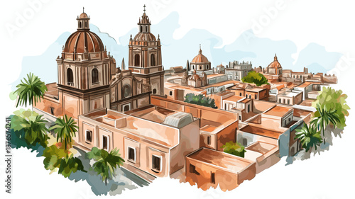 Mexico City Historic Centre. Mexico City Historic Centre hand drawn watercolor illustration
