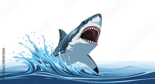 Large great white shark leaping out of blue ocean waves with its jaws wide open showing sharp teeth in a detailed illustration.
