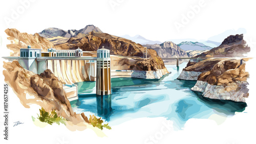 Hoover Dam. Hoover Dam hand drawn watercolor illustration