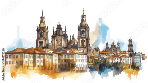 Santiago de Compostela Cathedral. Santiago de Compostela Cathedral watercolor vector illustration