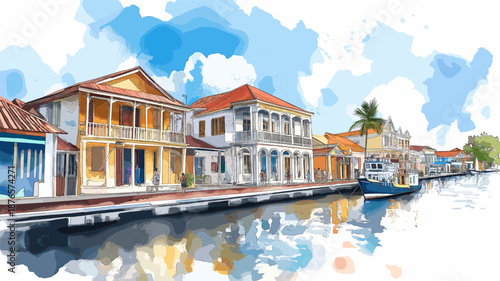 Paramaribo Historic Inner City. Paramaribo Historic Inner City hand drawn watercolor illustration